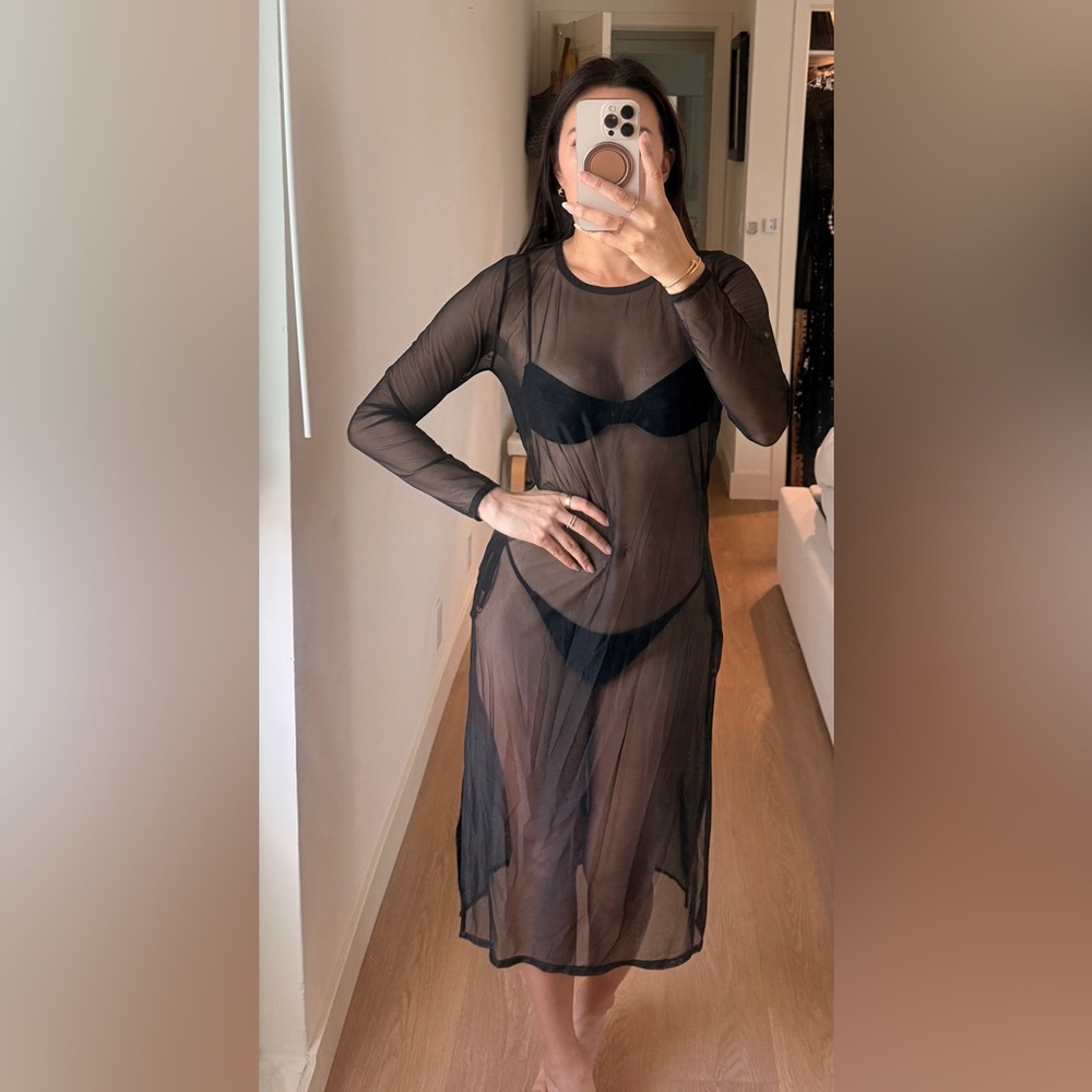 Aleccra Brazil Sheer Black Mesh Long Sleeve Swim Coverup w. Slits